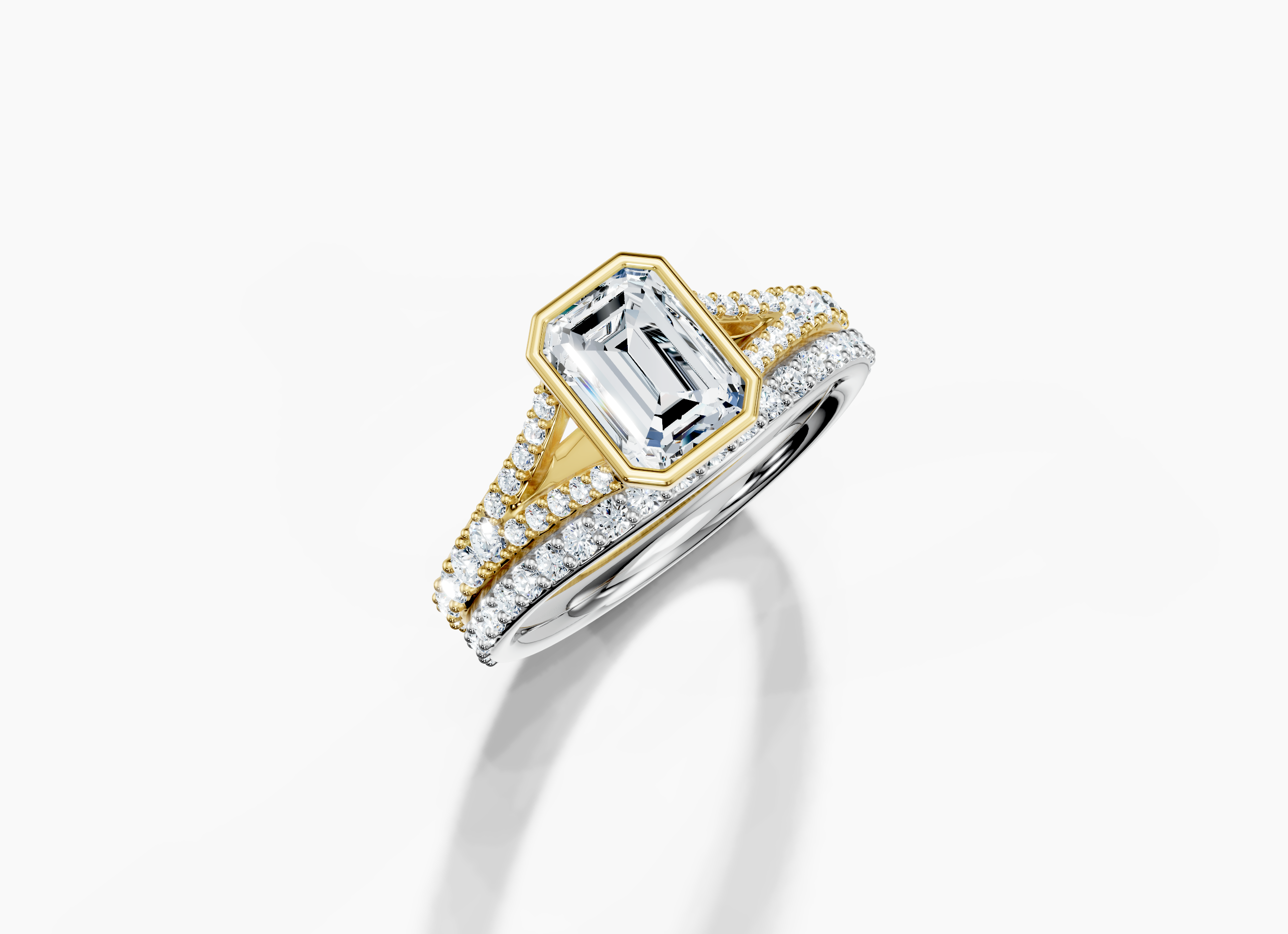 14K Yellow Gold Emerald Cut 1.63 Carat tw of  Diamond Ring and 14K White Gold Band